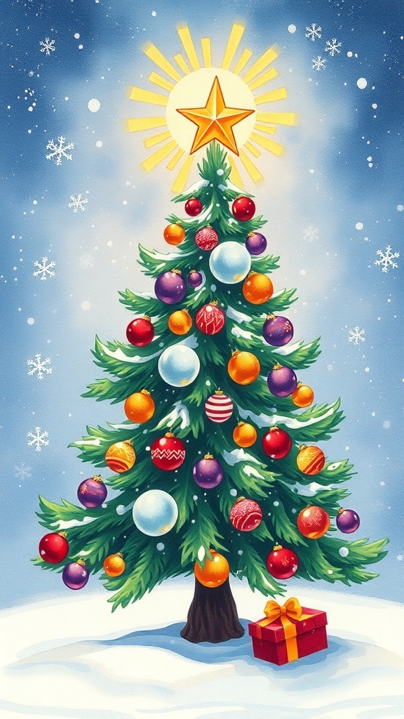 Step-by-Step Guide to Drawing a Christmas Tree A decorated Christmas tree with ornaments and a star, surrounded by snowflakes.